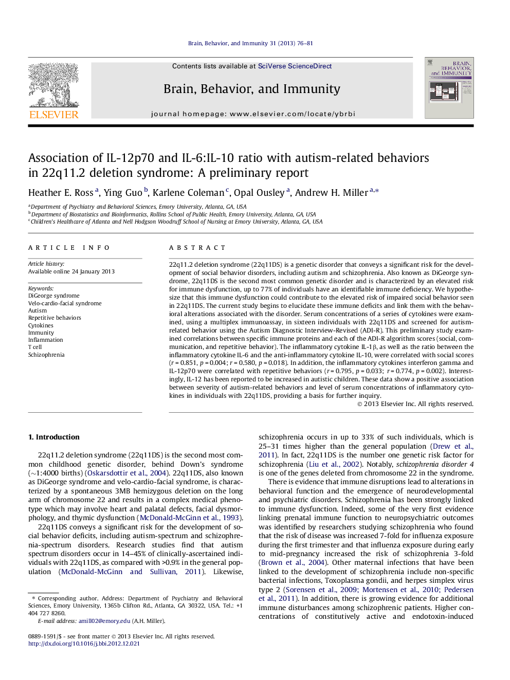 Association of IL-12p70 and IL-6:IL-10 ratio with autism-related behaviors in 22q11.2 deletion syndrome: A preliminary report