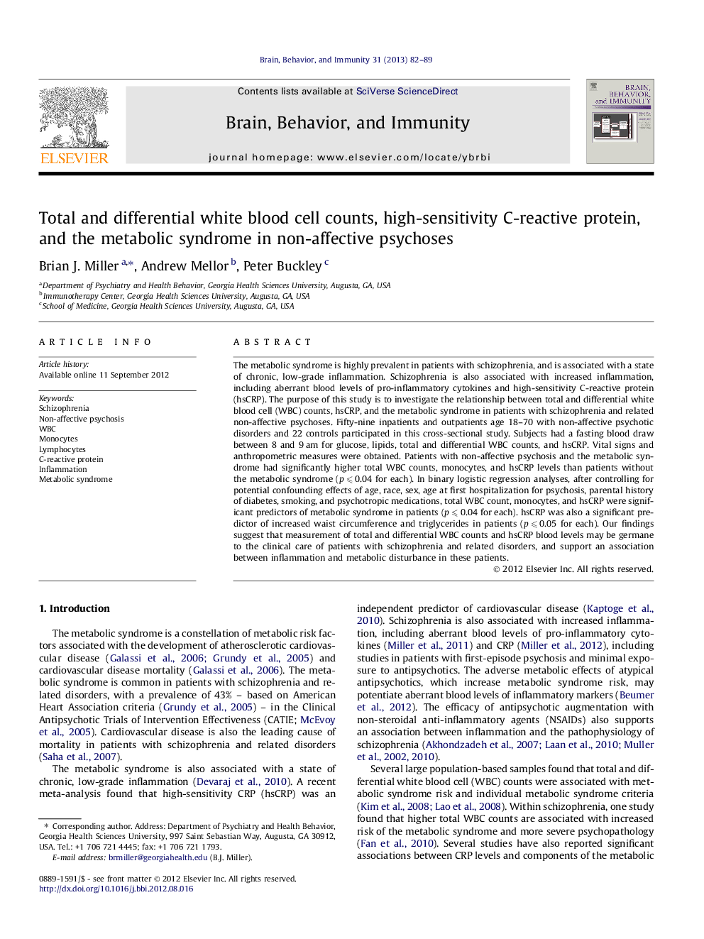 Total and differential white blood cell counts, high-sensitivity C-reactive protein, and the metabolic syndrome in non-affective psychoses