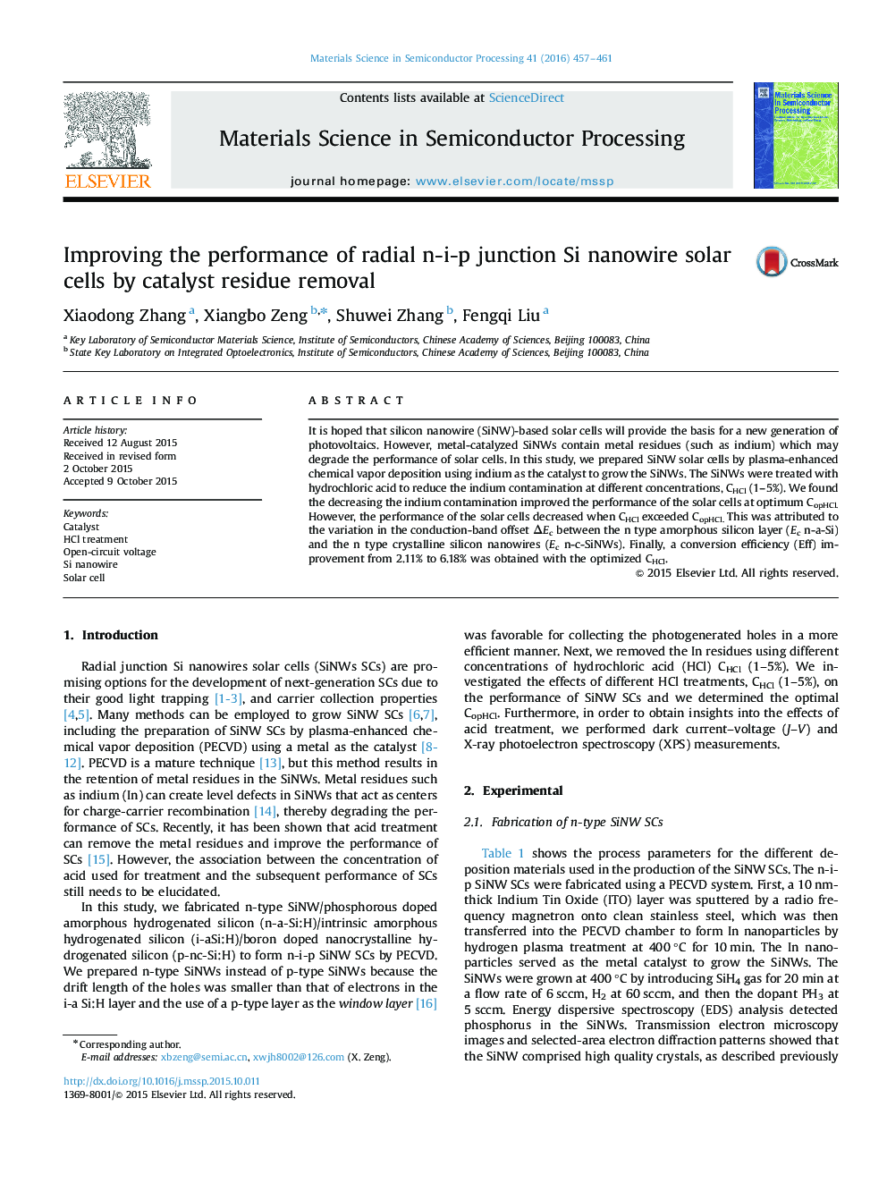 Improving the performance of radial n-i-p junction Si nanowire solar cells by catalyst residue removal