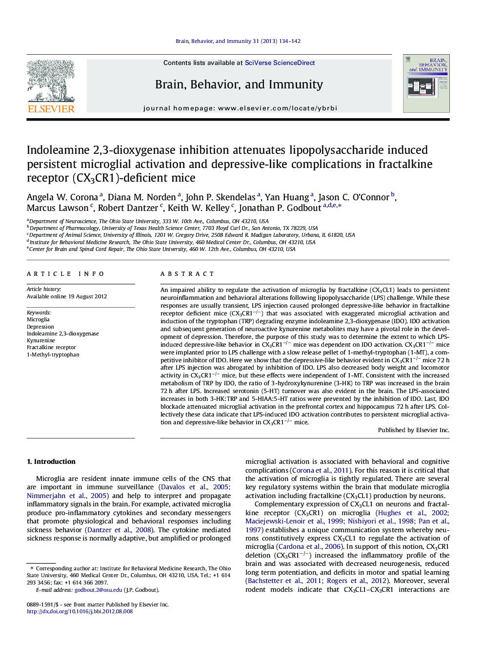 Indoleamine 2,3-dioxygenase inhibition attenuates lipopolysaccharide induced persistent microglial activation and depressive-like complications in fractalkine receptor (CX3CR1)-deficient mice