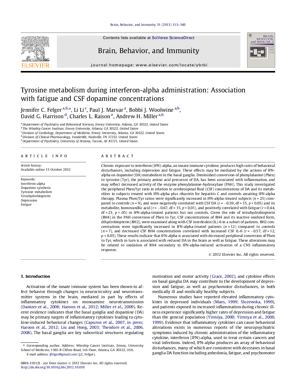 Tyrosine metabolism during interferon-alpha administration: Association with fatigue and CSF dopamine concentrations