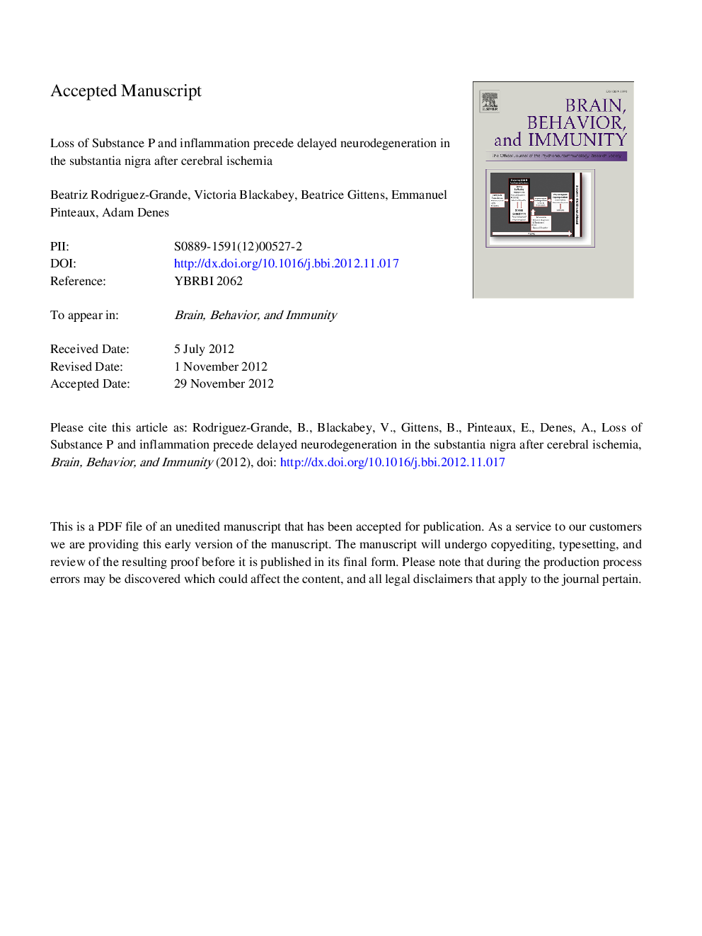 Loss of substance P and inflammation precede delayed neurodegeneration in the substantia nigra after cerebral ischemia