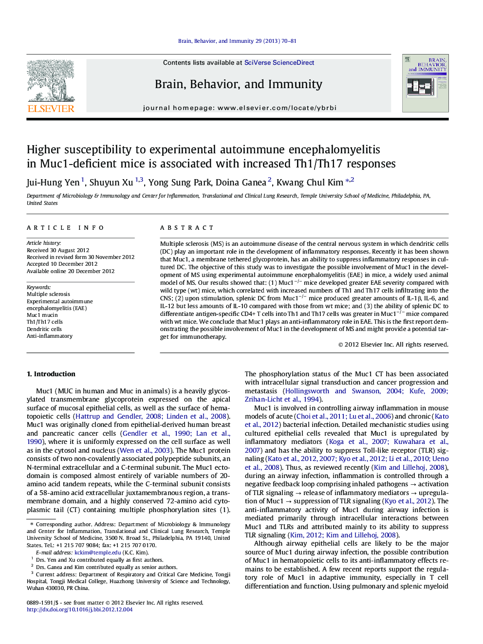 Higher susceptibility to experimental autoimmune encephalomyelitis in Muc1-deficient mice is associated with increased Th1/Th17 responses