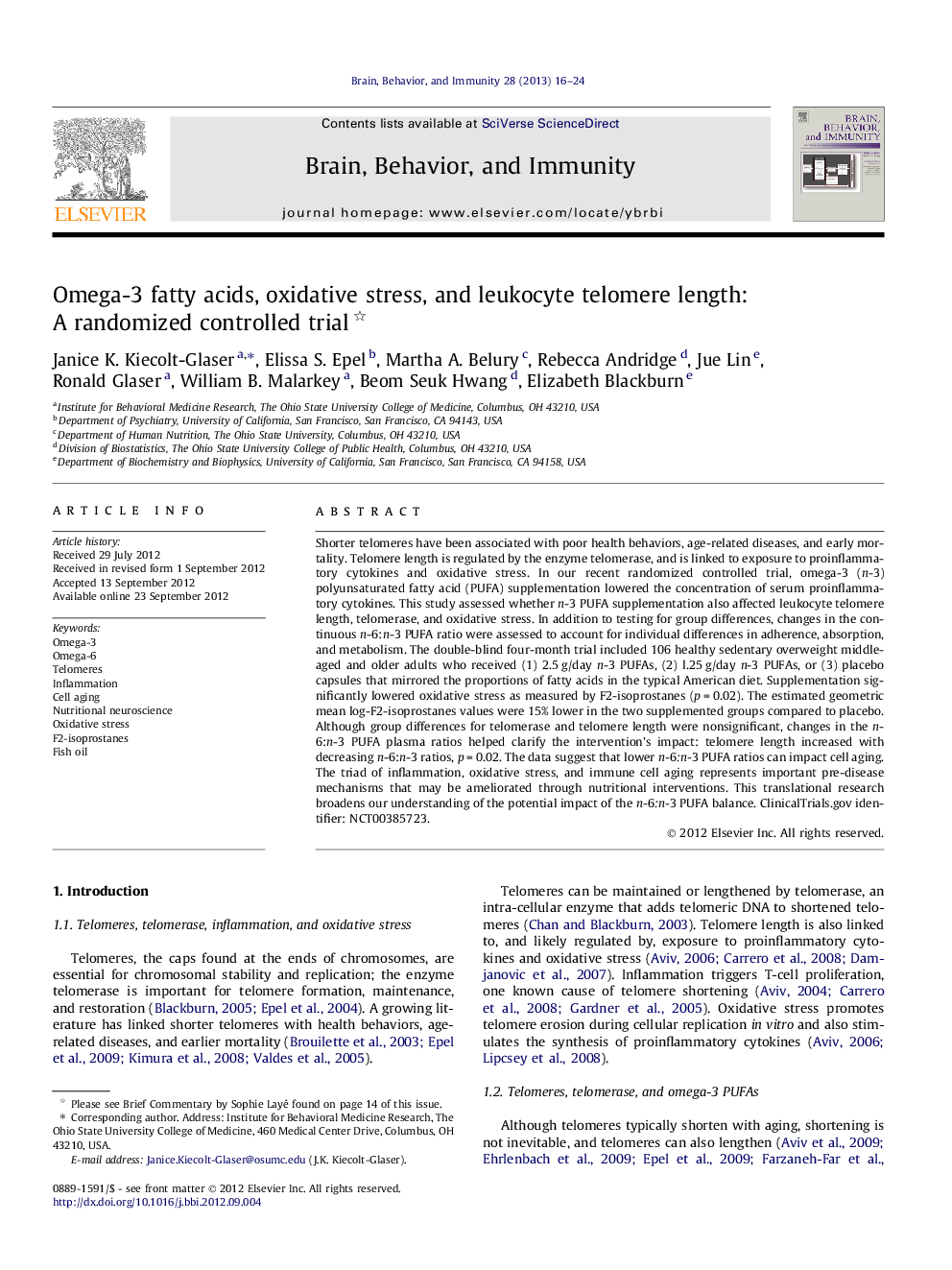 Omega-3 fatty acids, oxidative stress, and leukocyte telomere length: A randomized controlled trial