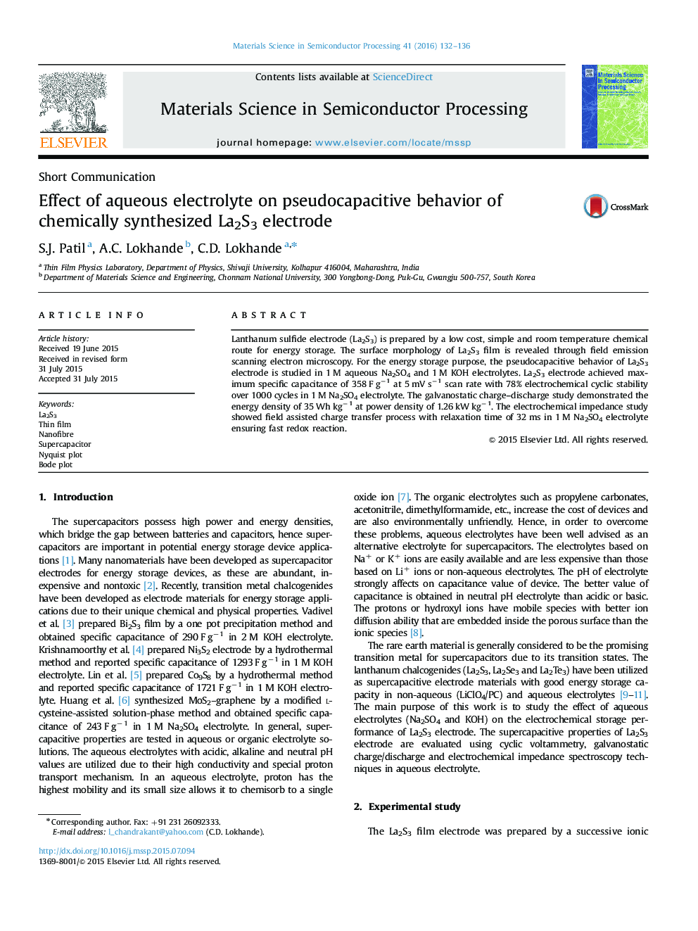 Effect of aqueous electrolyte on pseudocapacitive behavior of chemically synthesized La2S3 electrode