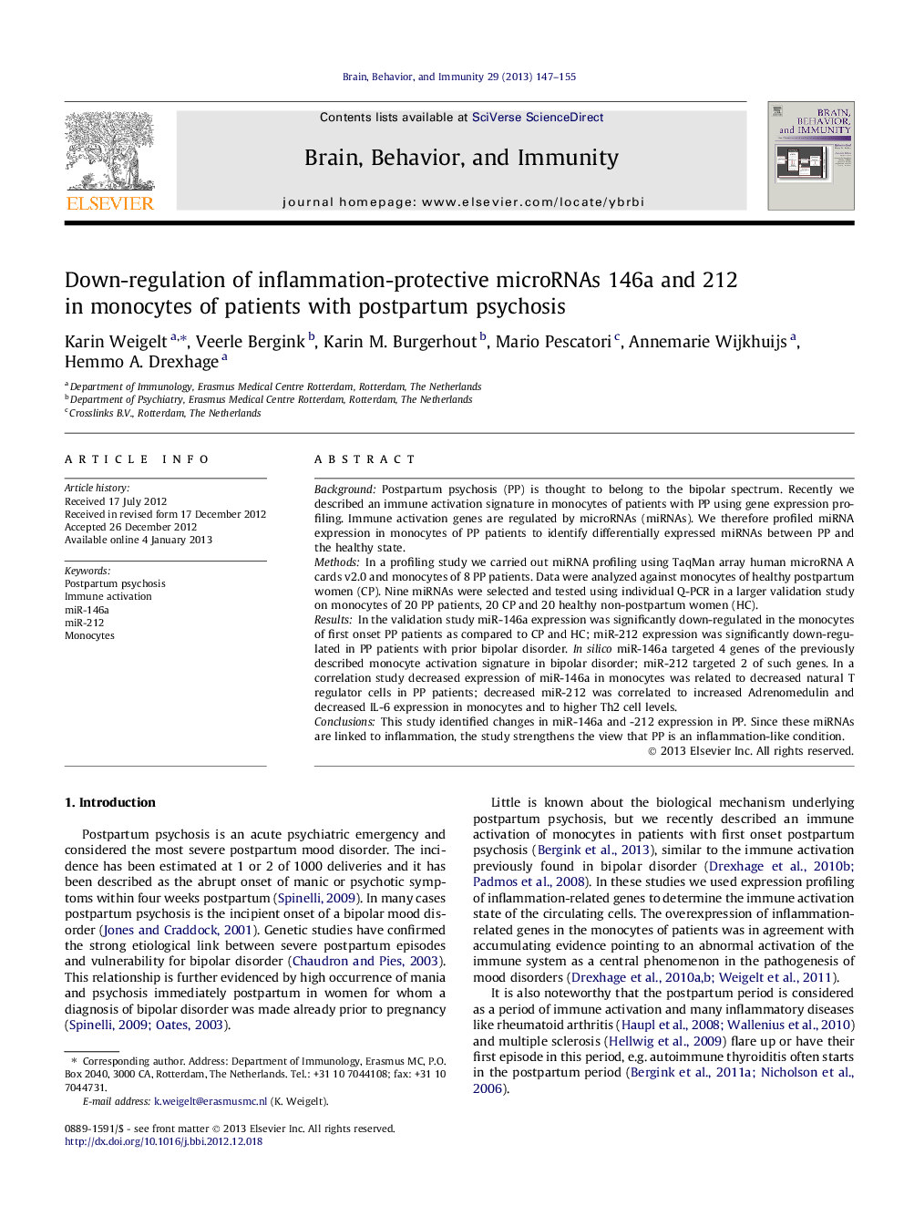 Down-regulation of inflammation-protective microRNAs 146a and 212 in monocytes of patients with postpartum psychosis