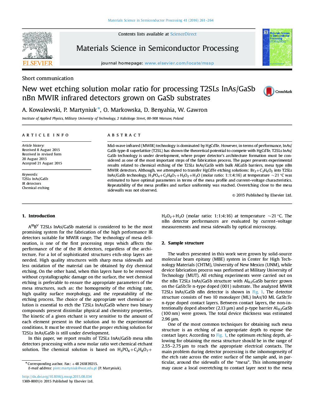 New wet etching solution molar ratio for processing T2SLs InAs/GaSb nBn MWIR infrared detectors grown on GaSb substrates