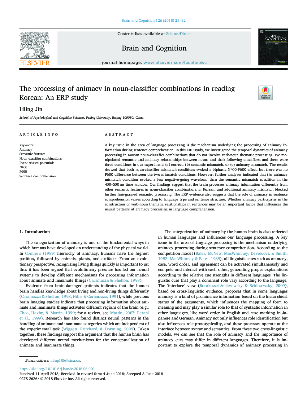 The processing of animacy in noun-classifier combinations in reading Korean: An ERP study