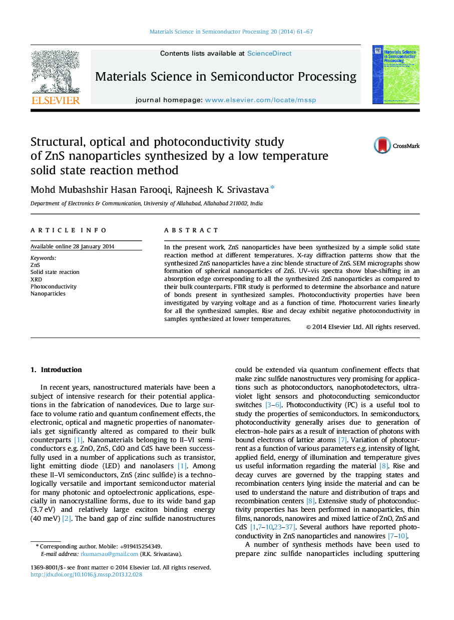 Structural, optical and photoconductivity study of ZnS nanoparticles synthesized by a low temperature solid state reaction method