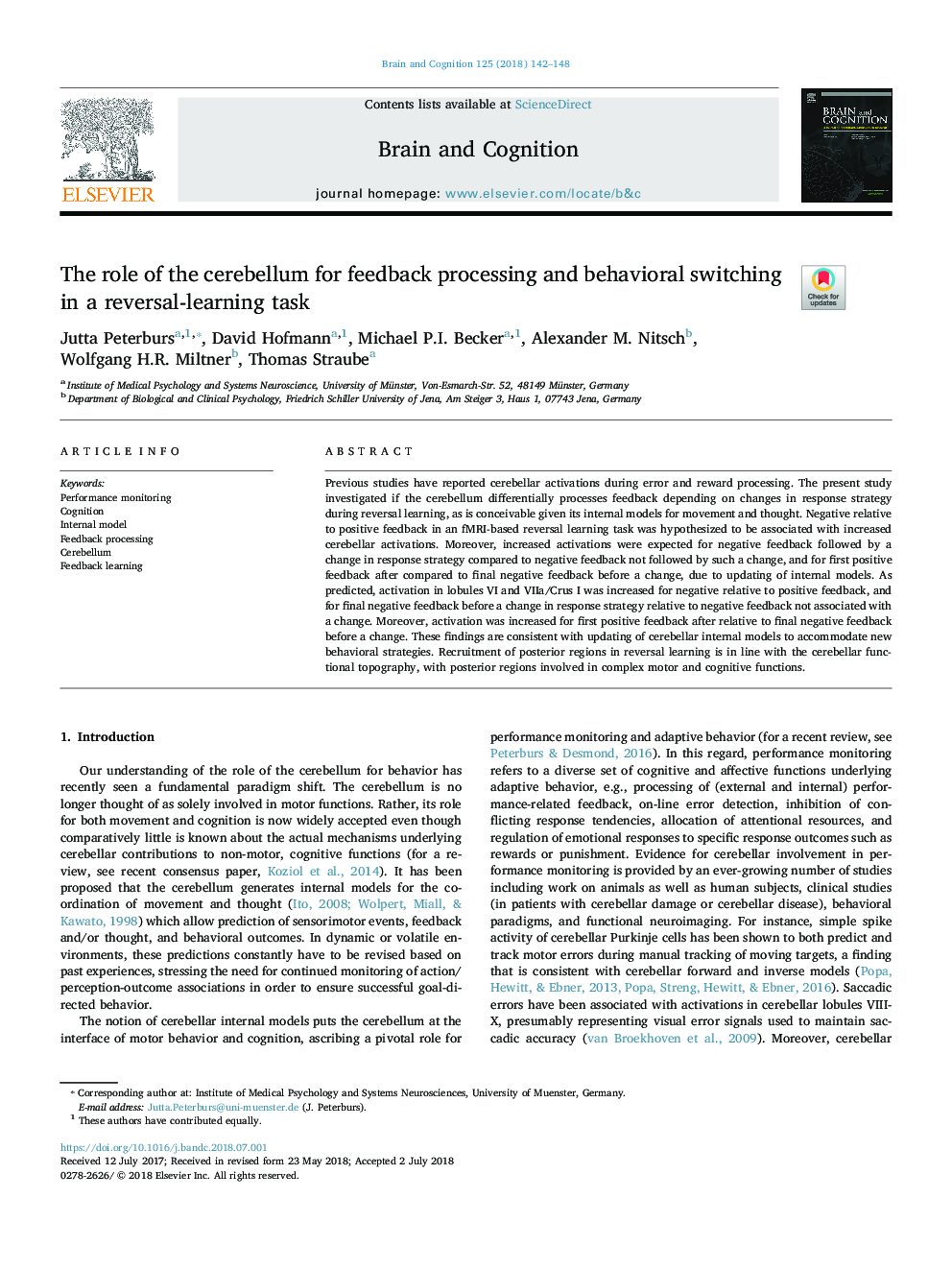 The role of the cerebellum for feedback processing and behavioral switching in a reversal-learning task