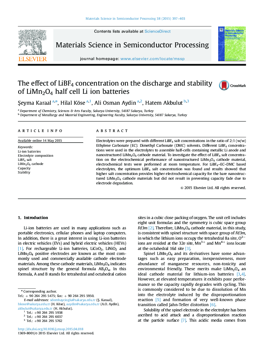 The effect of LiBF4 concentration on the discharge and stability of LiMn2O4 half cell Li ion batteries