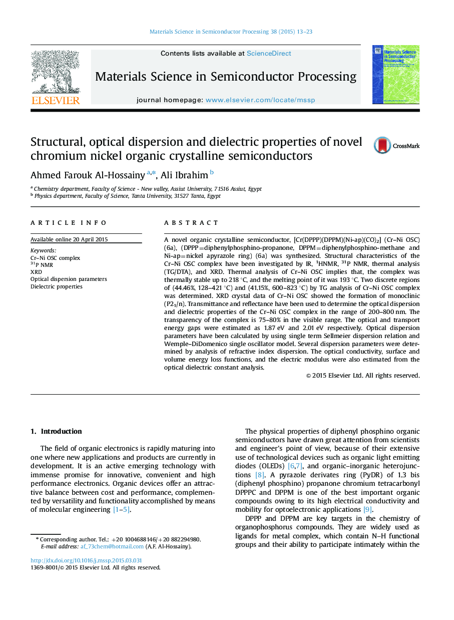 Structural, optical dispersion and dielectric properties of novel chromium nickel organic crystalline semiconductors