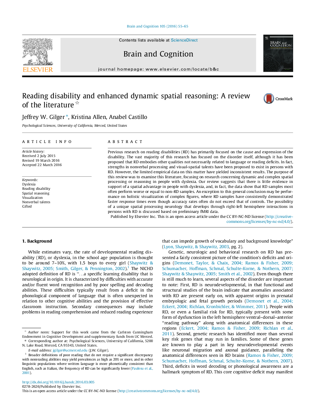 Reading disability and enhanced dynamic spatial reasoning: A review of the literature