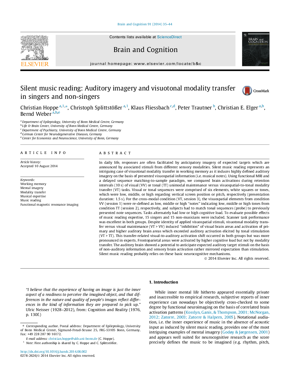 Silent music reading: Auditory imagery and visuotonal modality transfer in singers and non-singers