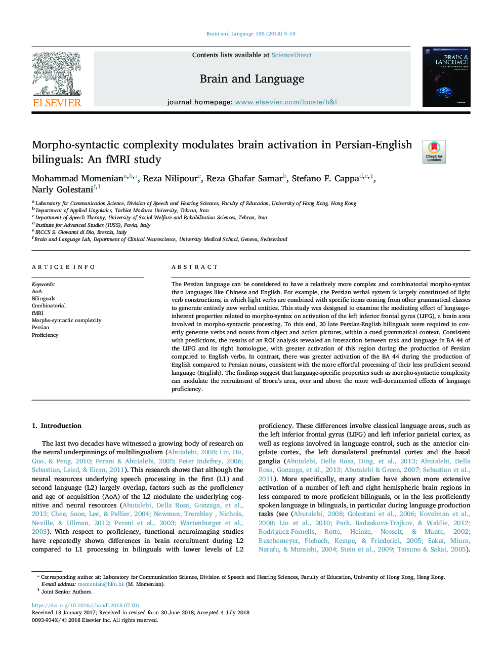 Morpho-syntactic complexity modulates brain activation in Persian-English bilinguals: An fMRI study