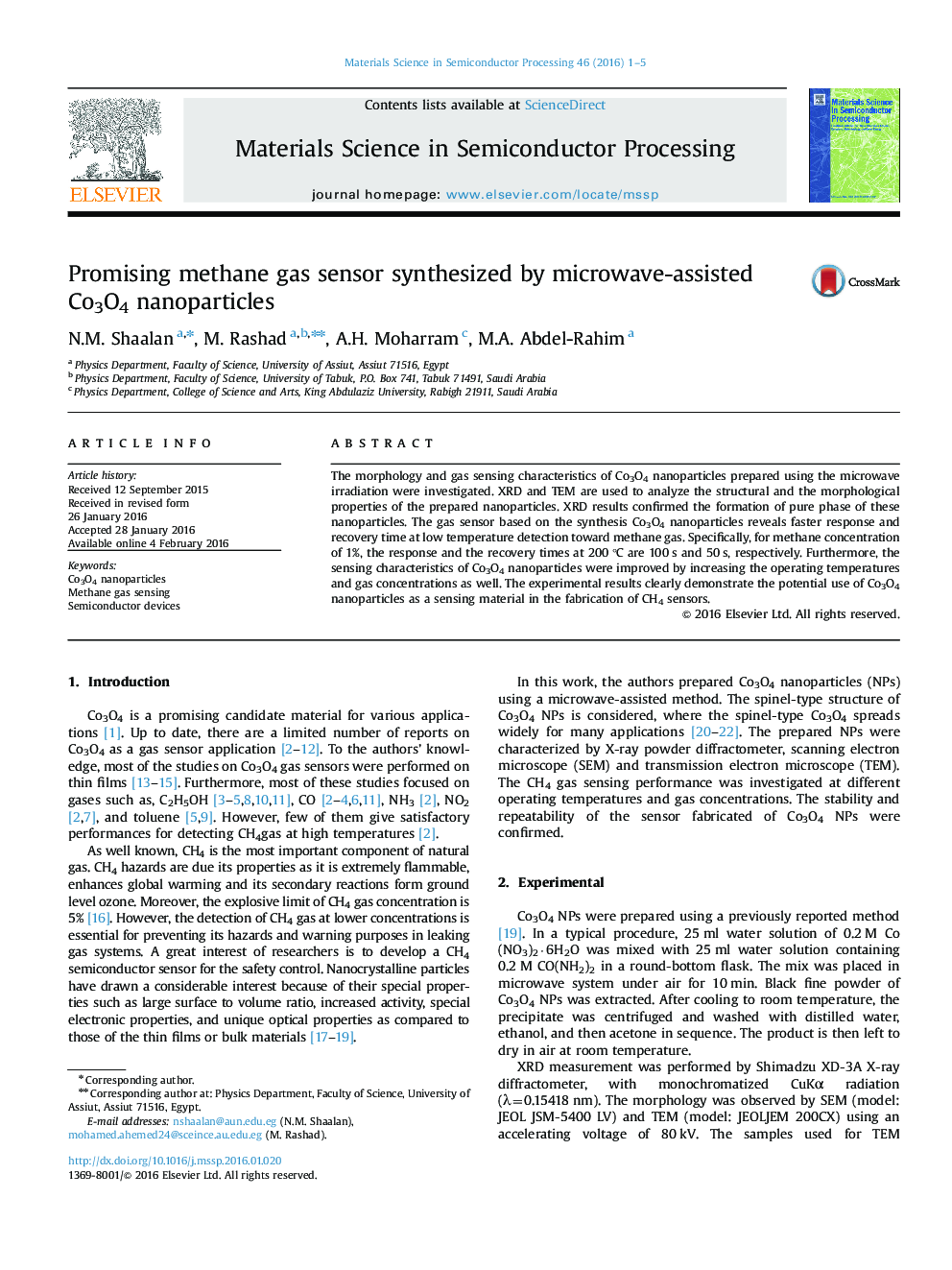 Promising methane gas sensor synthesized by microwave-assisted Co3O4 nanoparticles