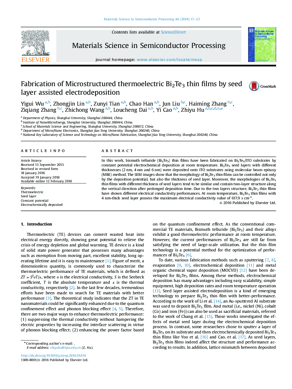 Fabrication of Microstructured thermoelectric Bi2Te3 thin films by seed layer assisted electrodeposition