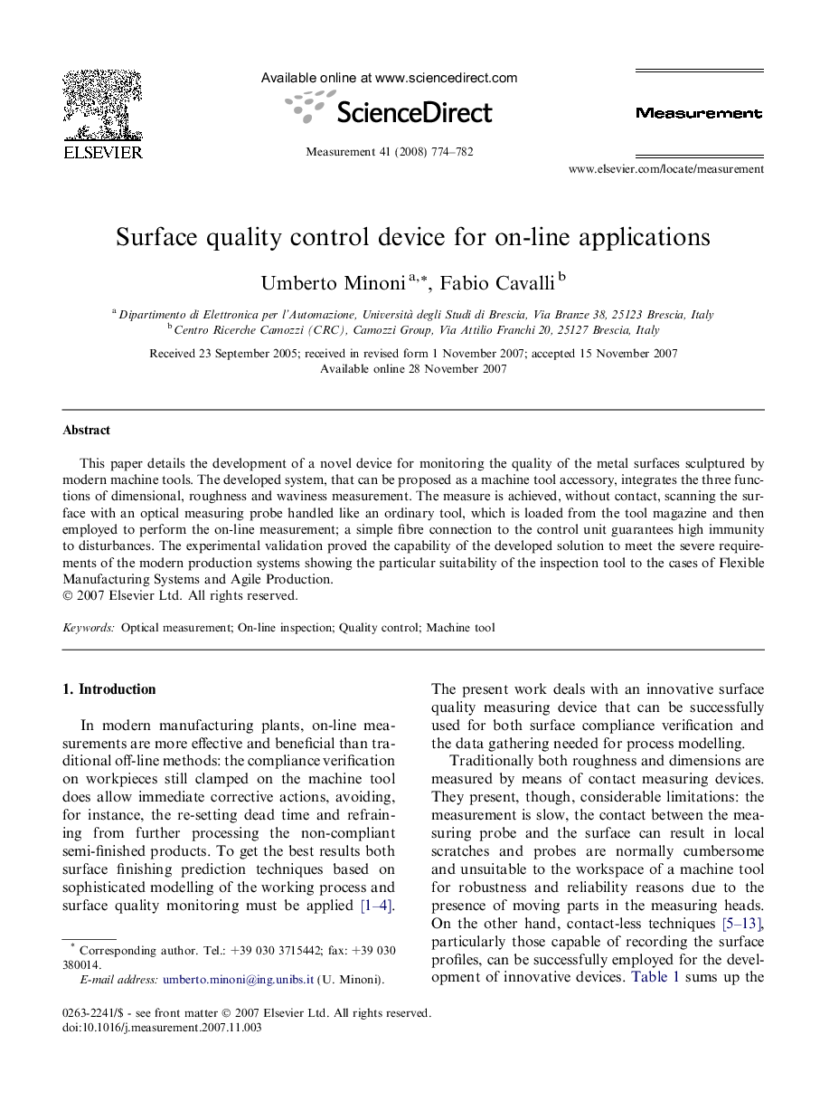 Surface quality control device for on-line applications