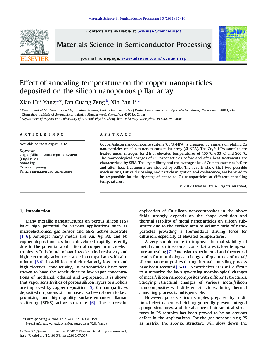 Effect of annealing temperature on the copper nanoparticles deposited on the silicon nanoporous pillar array