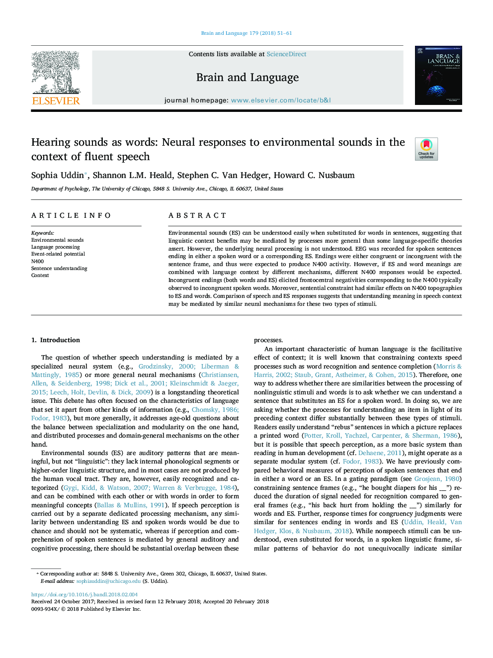 Hearing sounds as words: Neural responses to environmental sounds in the context of fluent speech