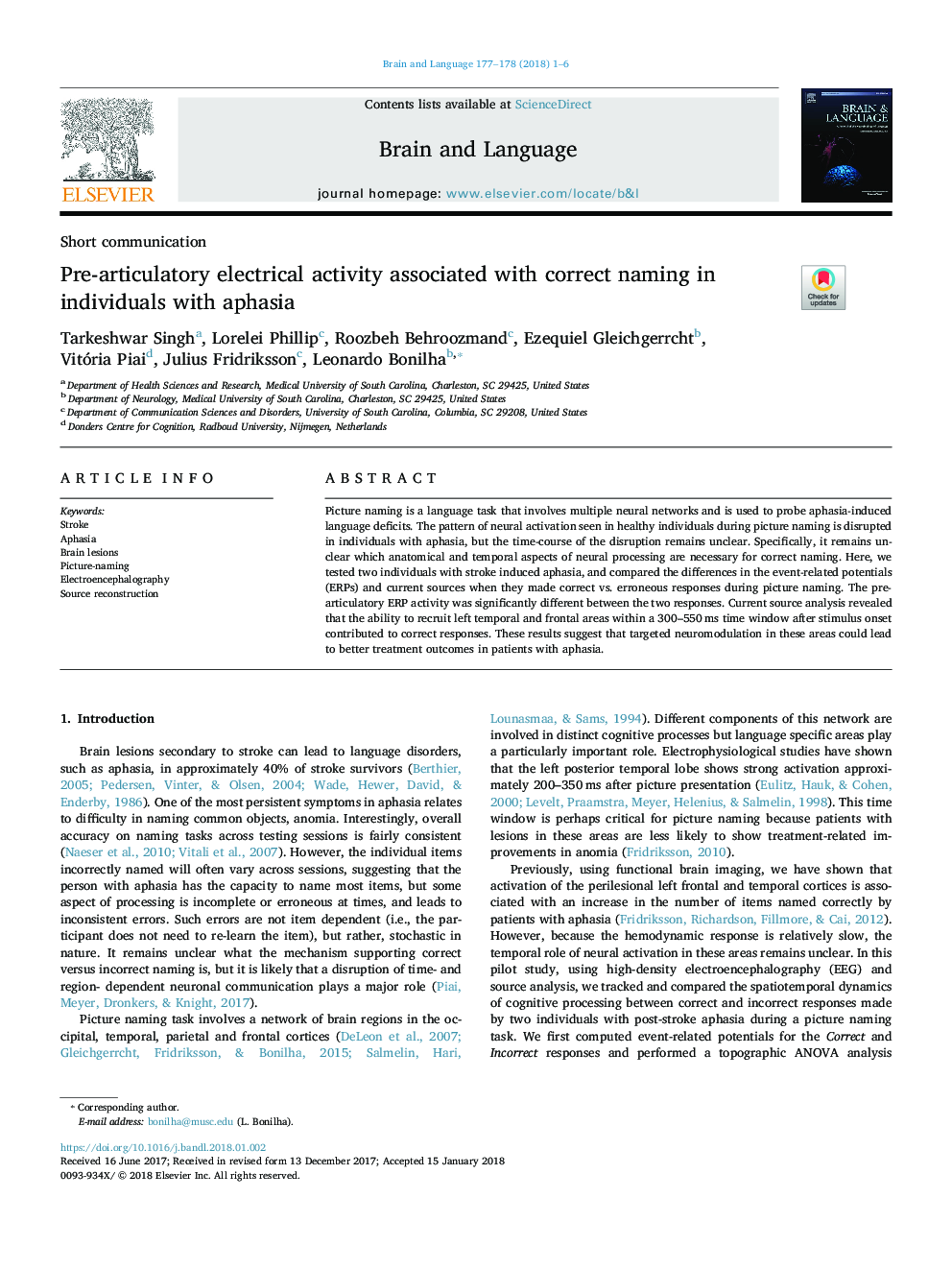 Pre-articulatory electrical activity associated with correct naming in individuals with aphasia