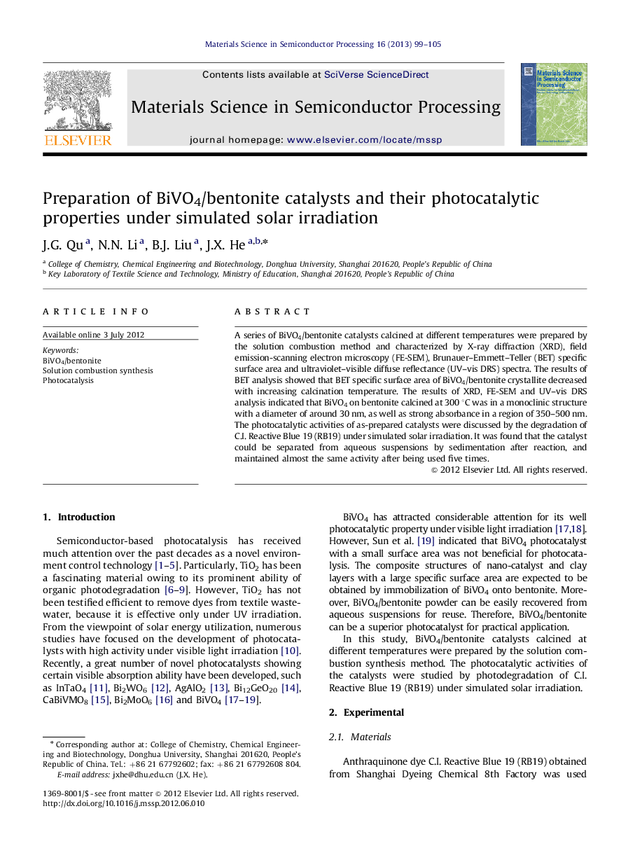 Preparation of BiVO4/bentonite catalysts and their photocatalytic properties under simulated solar irradiation