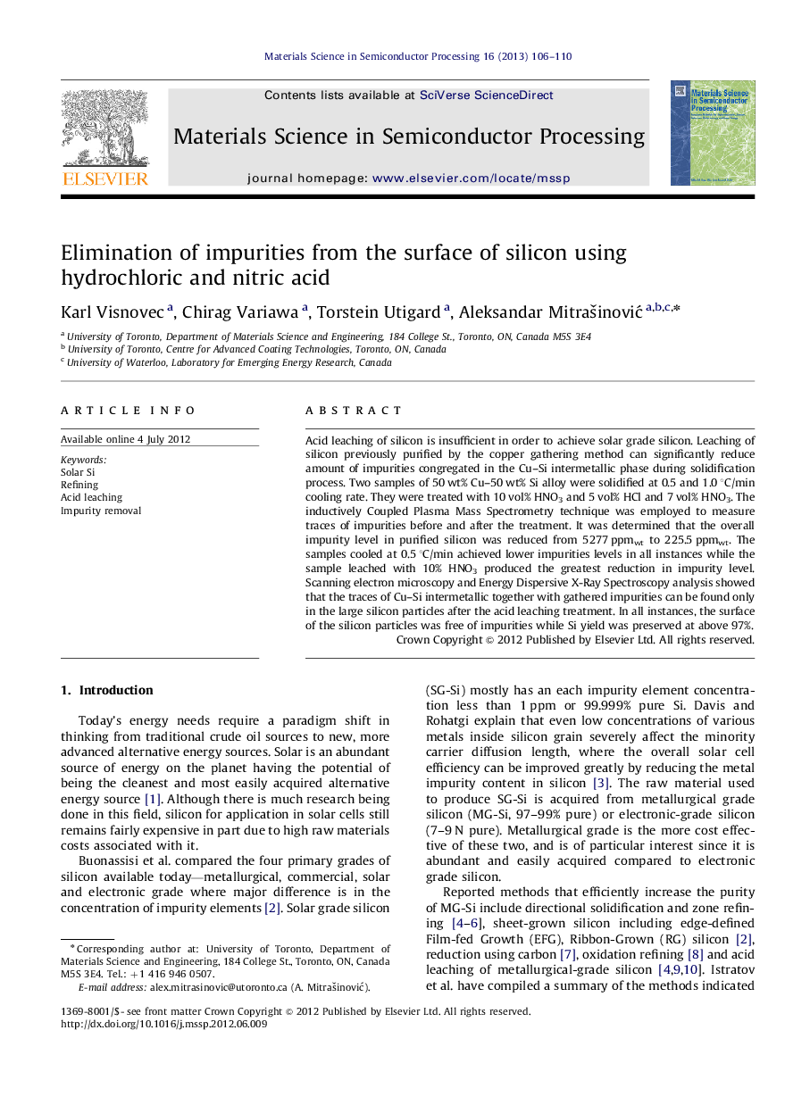 Elimination of impurities from the surface of silicon using hydrochloric and nitric acid