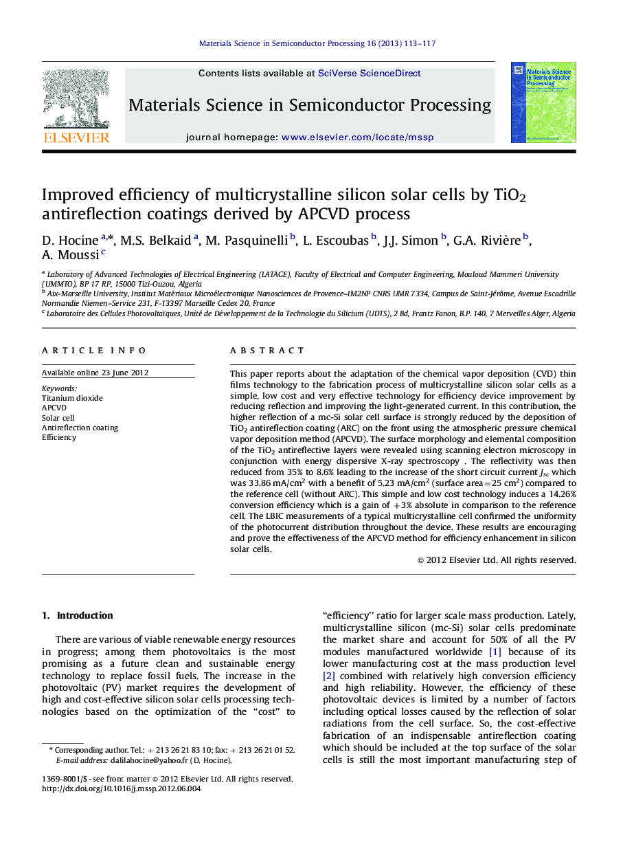 Improved efficiency of multicrystalline silicon solar cells by TiO2 antireflection coatings derived by APCVD process