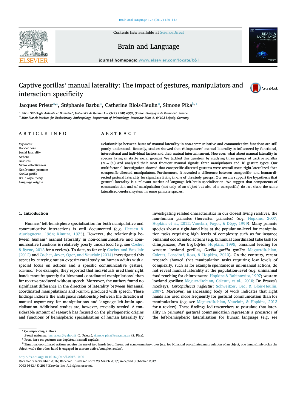 Captive gorillas' manual laterality: The impact of gestures, manipulators and interaction specificity