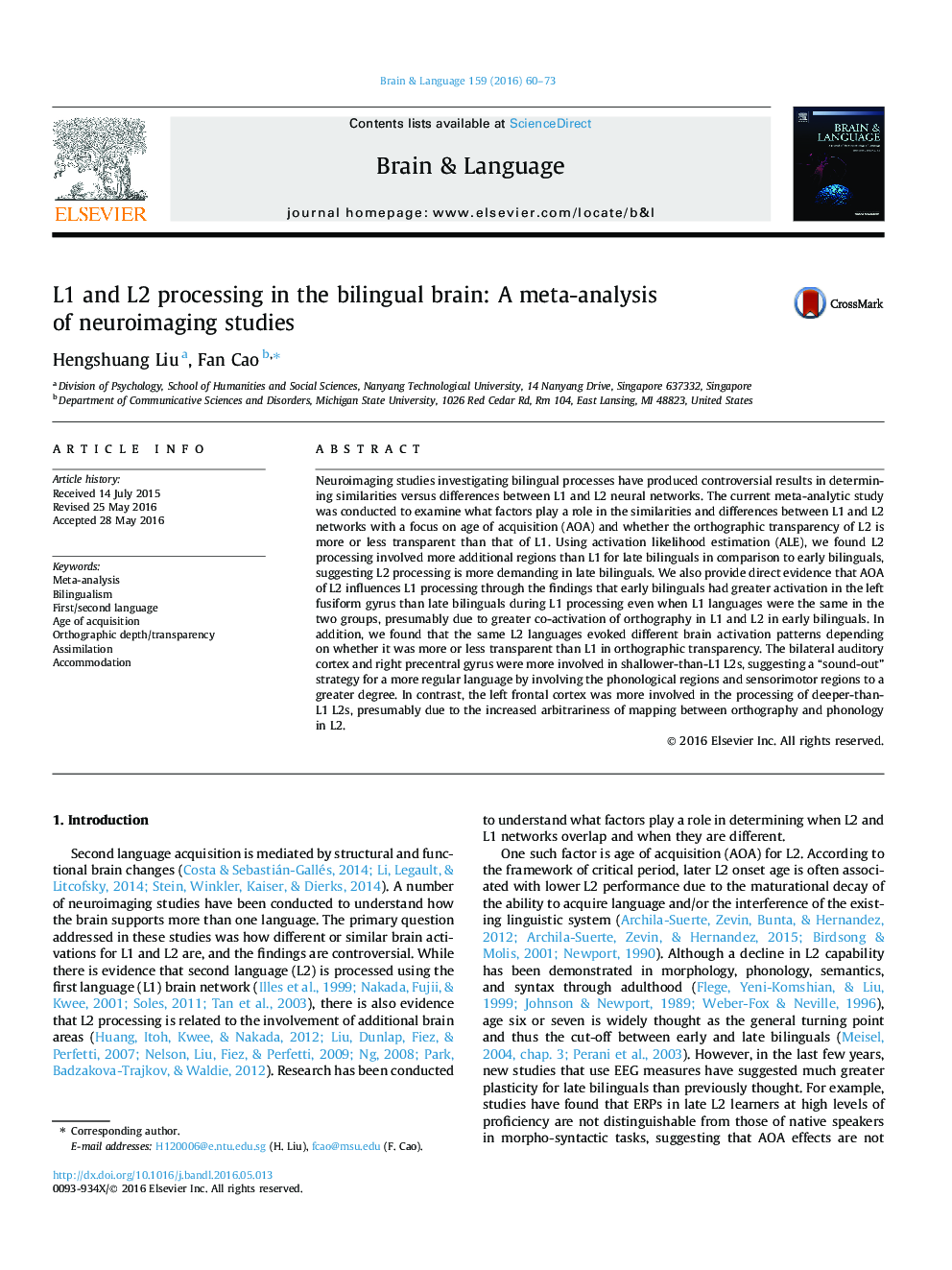 L1 and L2 processing in the bilingual brain: A meta-analysis of neuroimaging studies