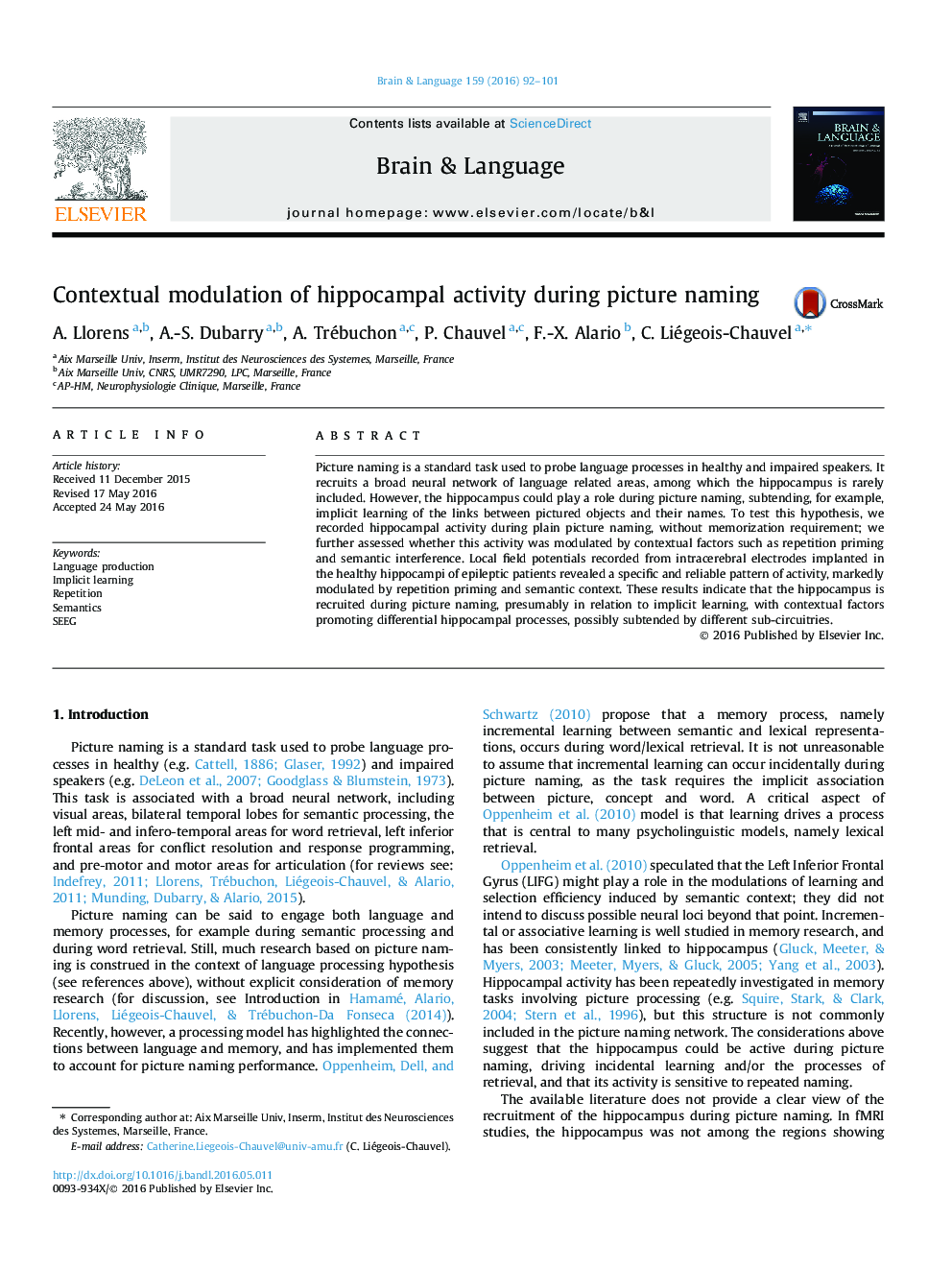 Contextual modulation of hippocampal activity during picture naming