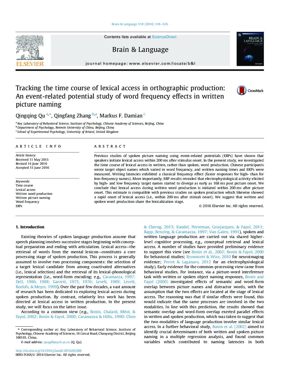 Tracking the time course of lexical access in orthographic production: An event-related potential study of word frequency effects in written picture naming