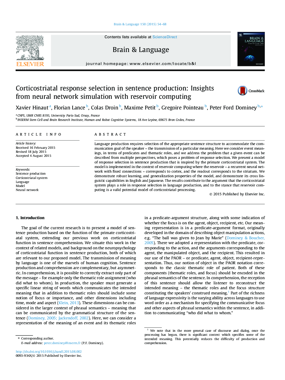 Corticostriatal response selection in sentence production: Insights from neural network simulation with reservoir computing