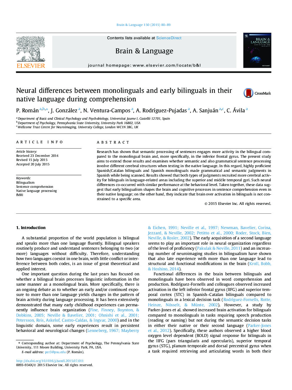 Neural differences between monolinguals and early bilinguals in their native language during comprehension