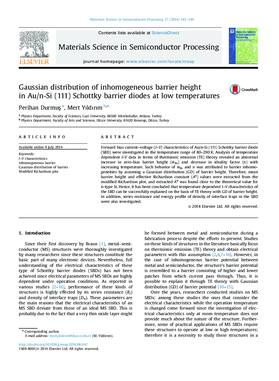Gaussian distribution of inhomogeneous barrier height in Au/n-Si (111) Schottky barrier diodes at low temperatures