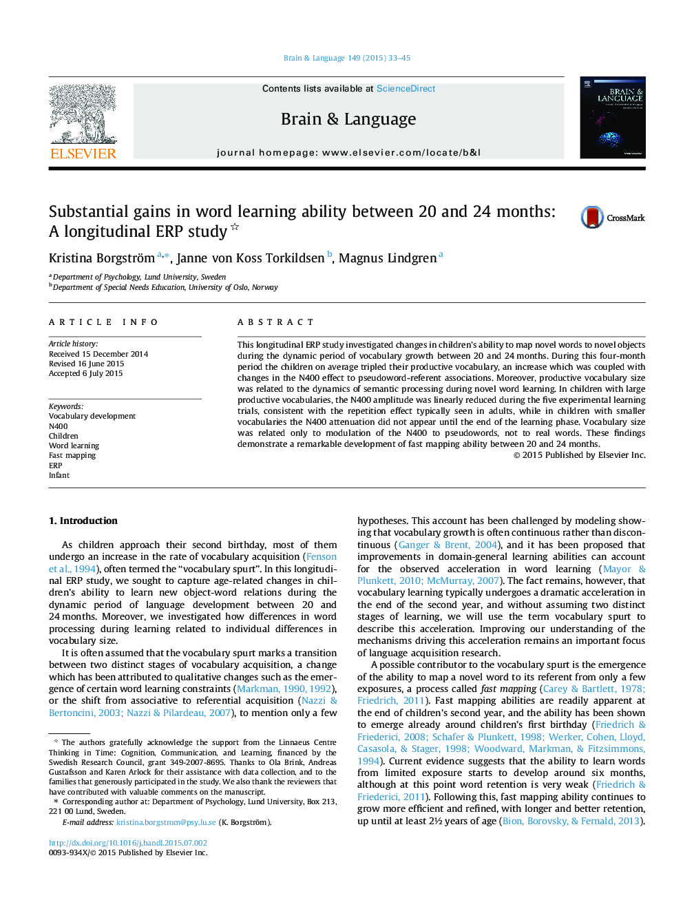 Substantial gains in word learning ability between 20 and 24 months: A longitudinal ERP study