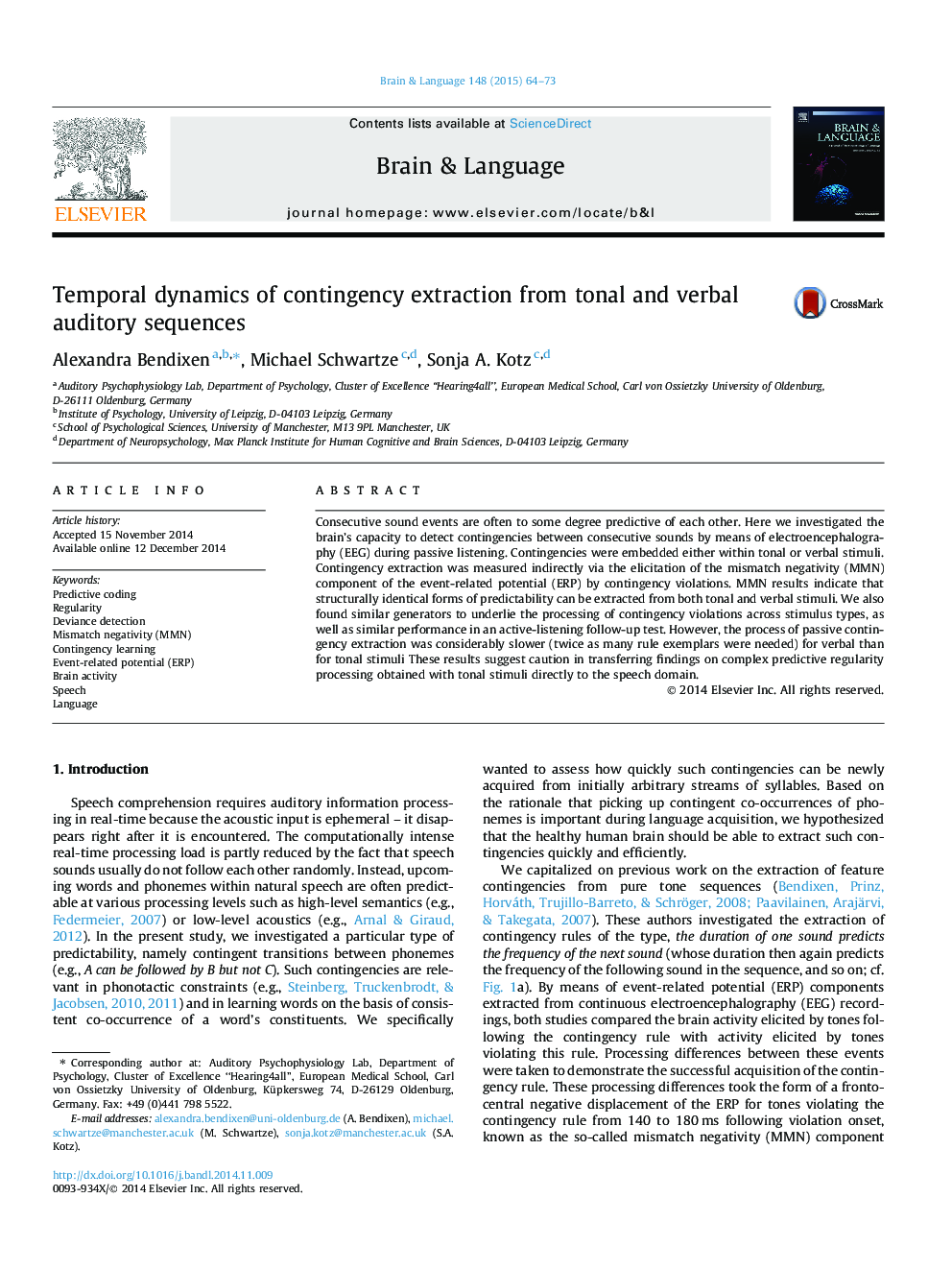 Temporal dynamics of contingency extraction from tonal and verbal auditory sequences