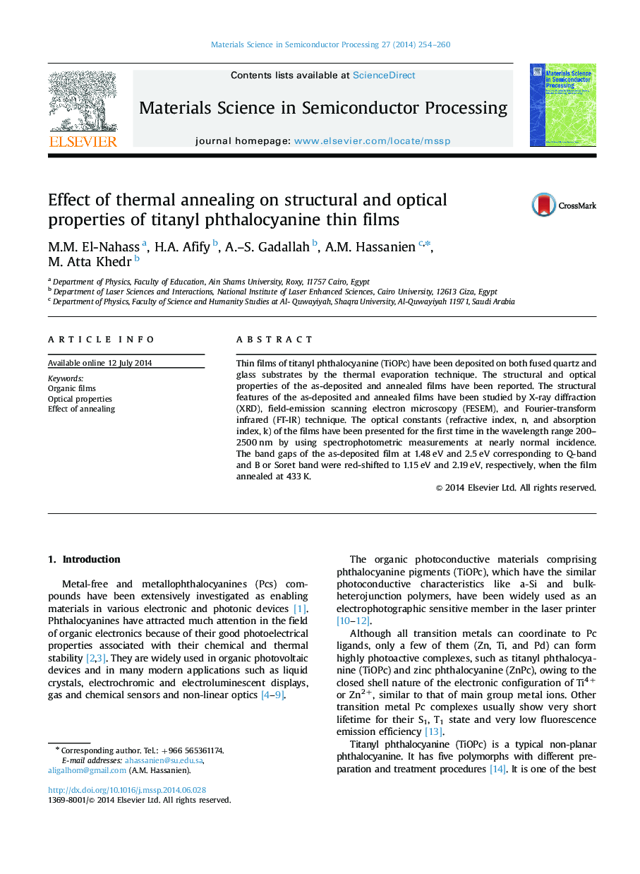 Effect of thermal annealing on structural and optical properties of titanyl phthalocyanine thin films