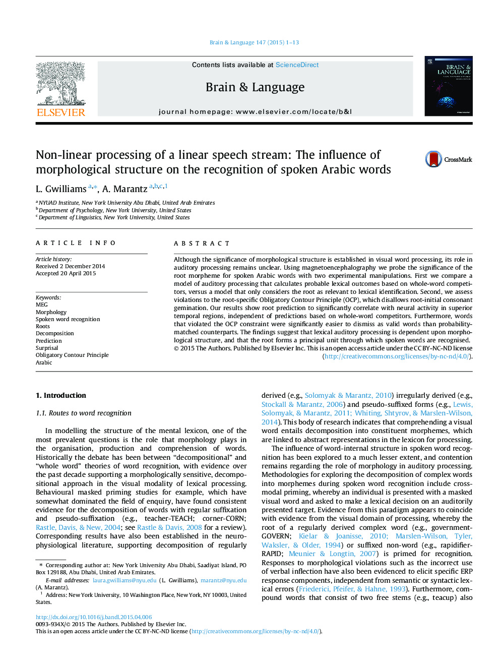 پردازش غیر خطی یک جریان گفتاری خطی: تأثیر ساختار مورفولوژیکی بر شناخت واژگان زبان عربی 
