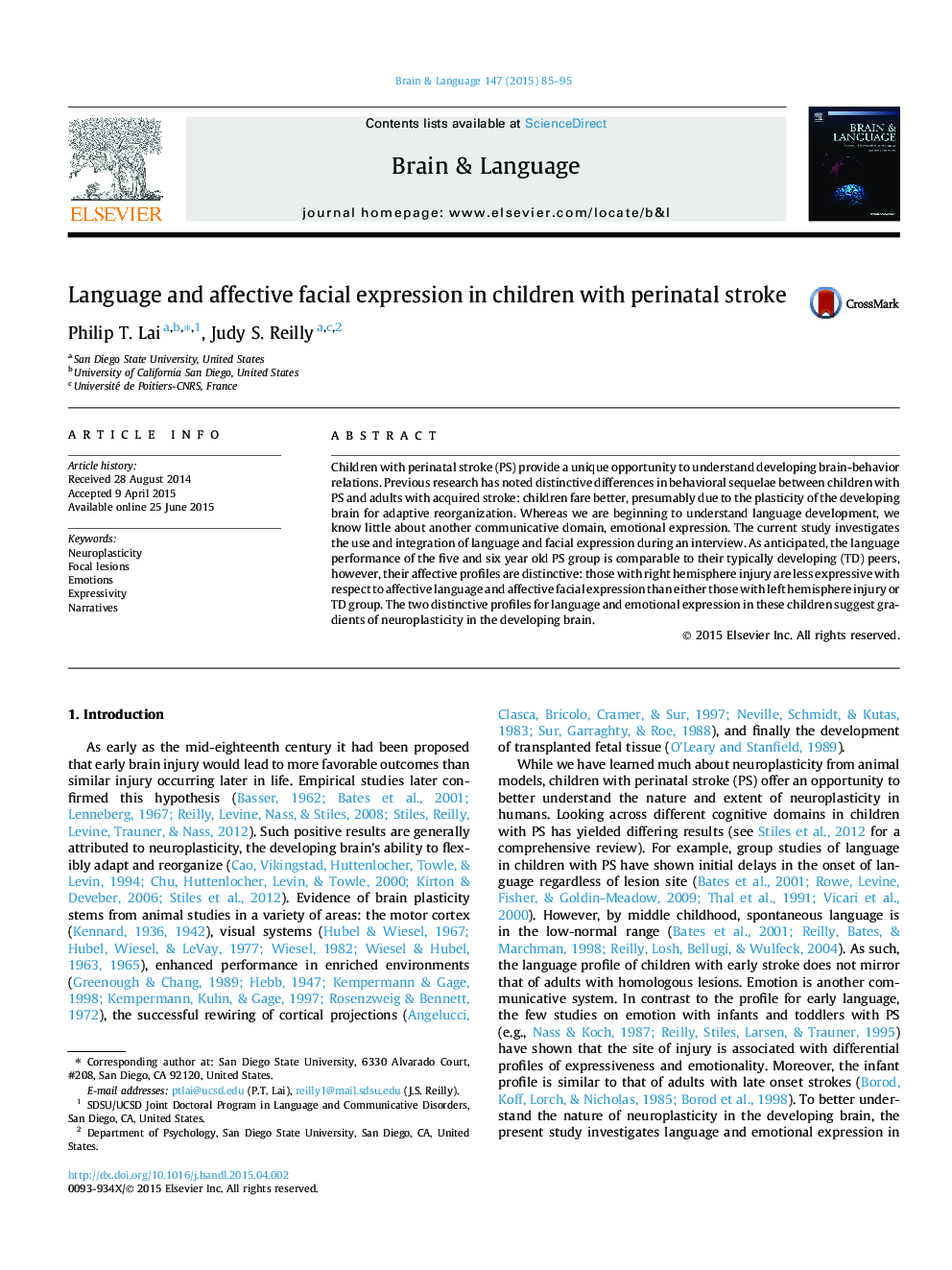 Language and affective facial expression in children with perinatal stroke