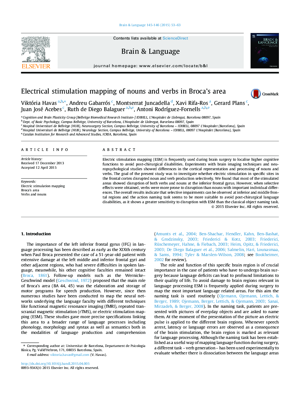 Electrical stimulation mapping of nouns and verbs in Broca's area