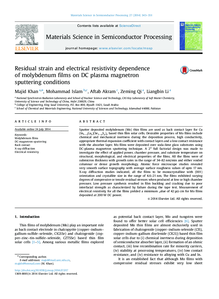 Residual strain and electrical resistivity dependence of molybdenum films on DC plasma magnetron sputtering conditions