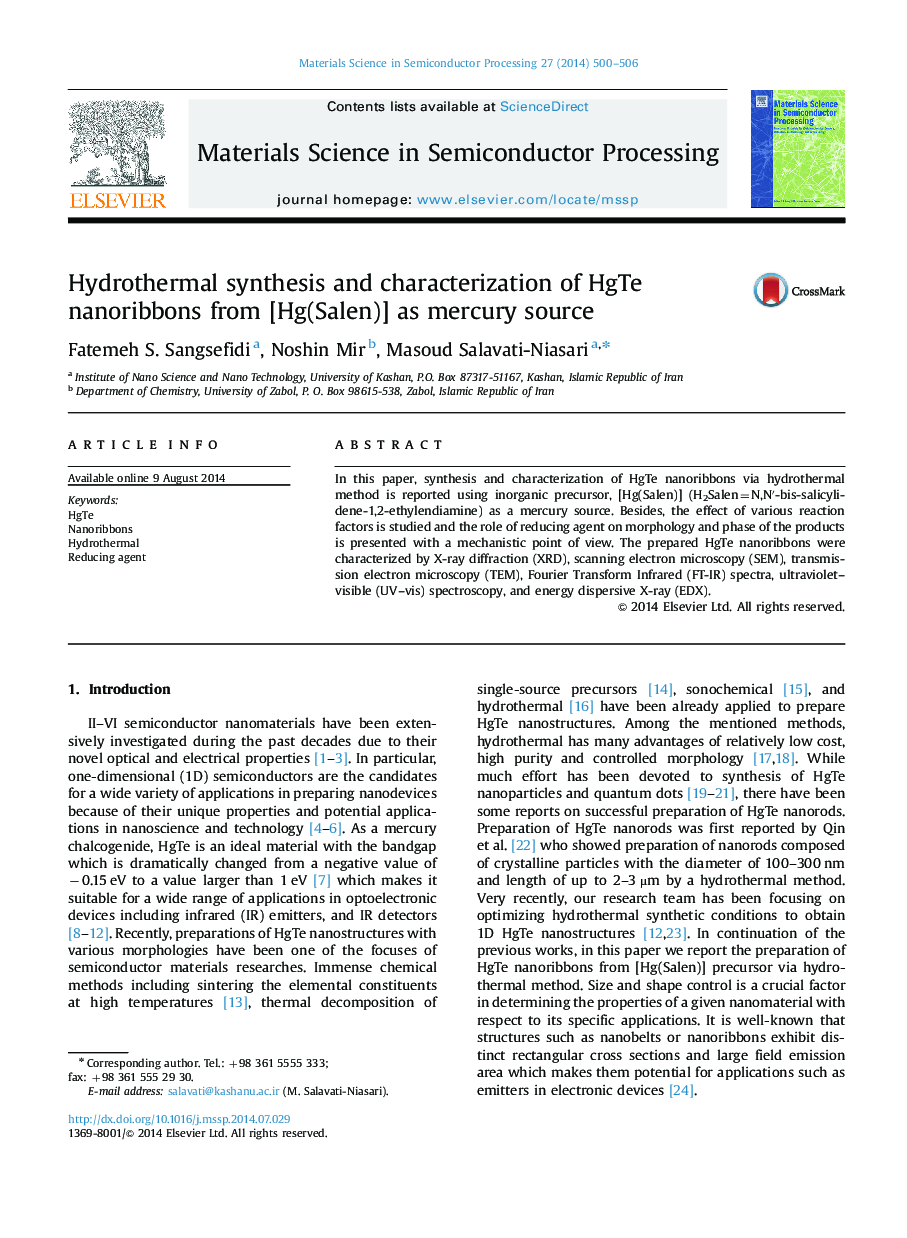 Hydrothermal synthesis and characterization of HgTe nanoribbons from [Hg(Salen)] as mercury source