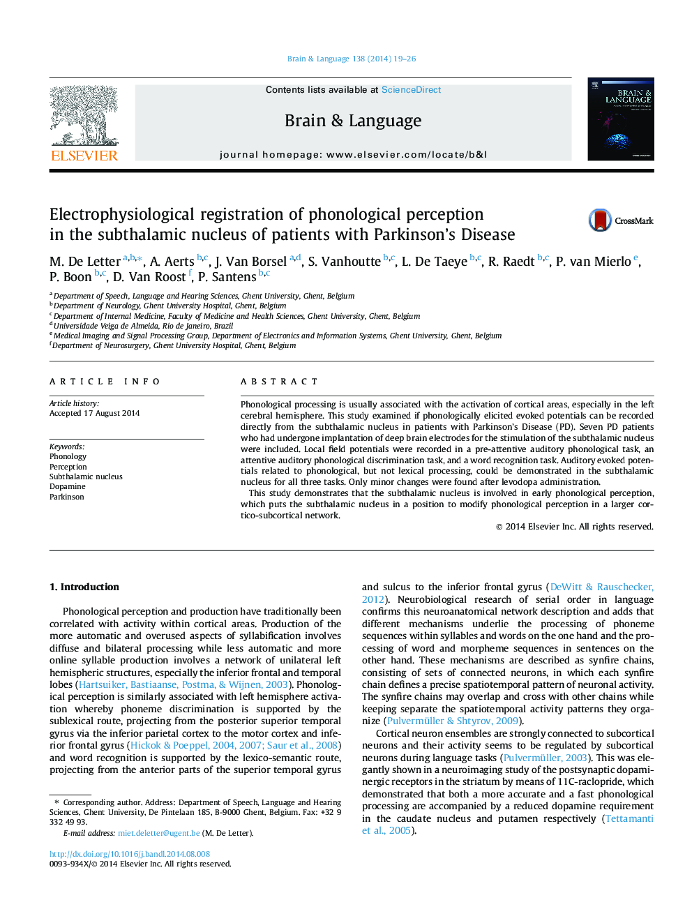 Electrophysiological registration of phonological perception in the subthalamic nucleus of patients with Parkinson's Disease