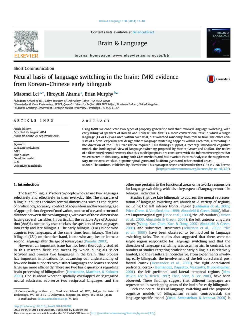 Neural basis of language switching in the brain: fMRI evidence from Korean-Chinese early bilinguals