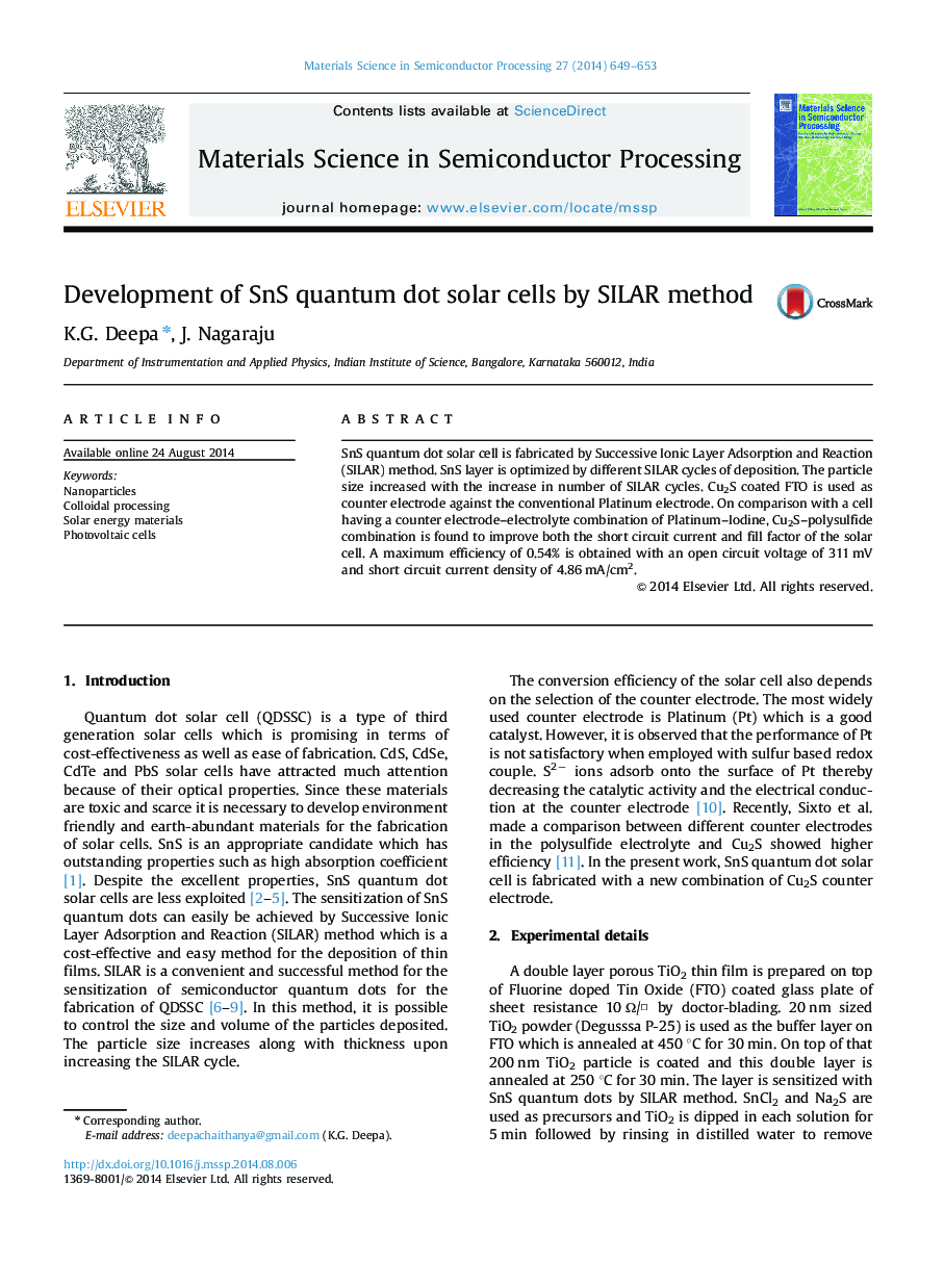 Development of SnS quantum dot solar cells by SILAR method