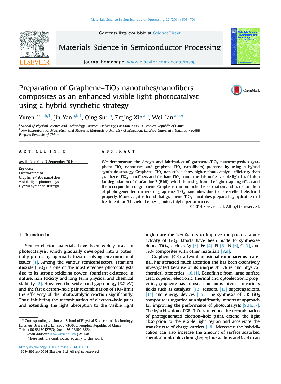 Preparation of Graphene–TiO2 nanotubes/nanofibers composites as an enhanced visible light photocatalyst using a hybrid synthetic strategy