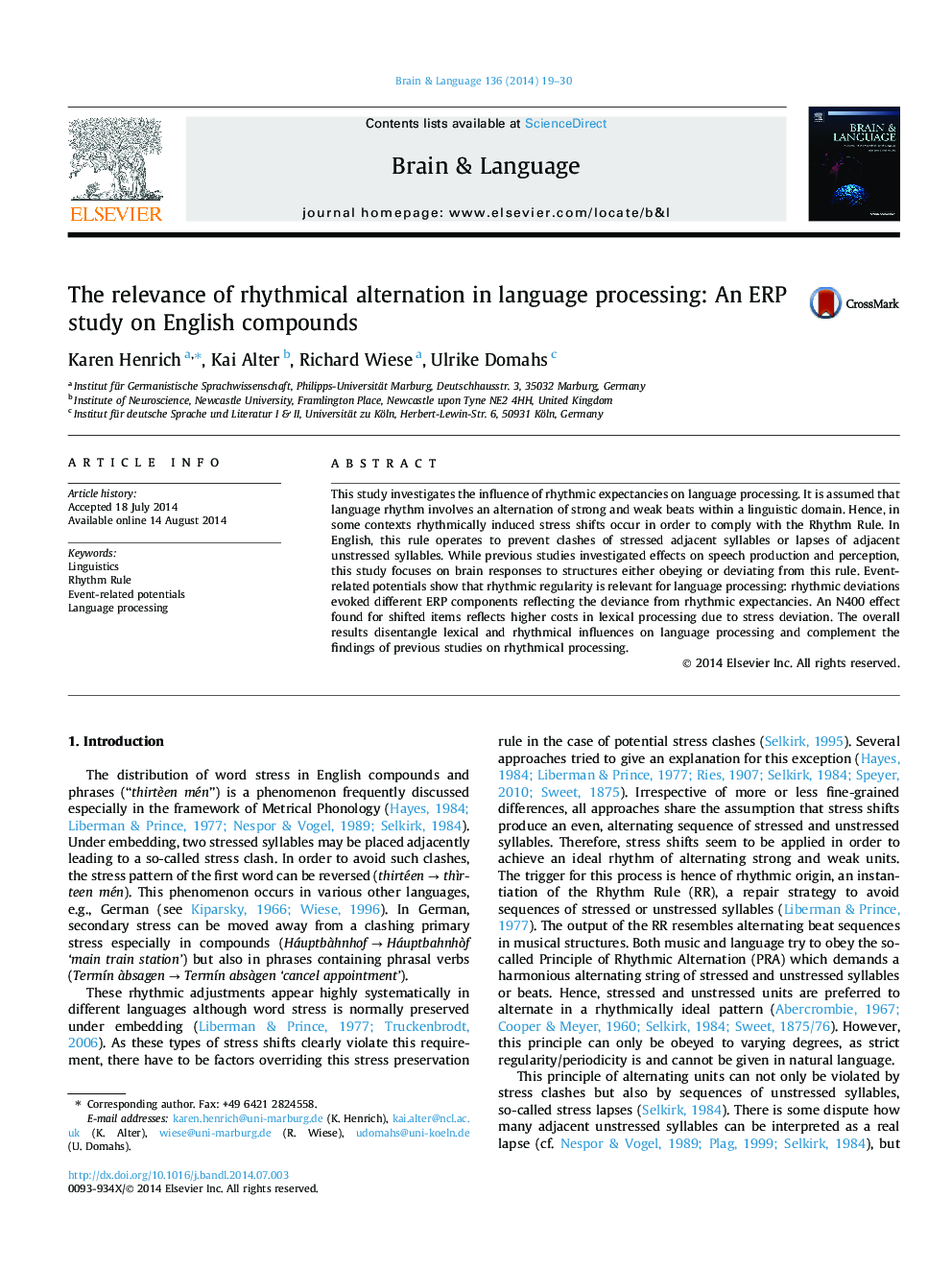 The relevance of rhythmical alternation in language processing: An ERP study on English compounds