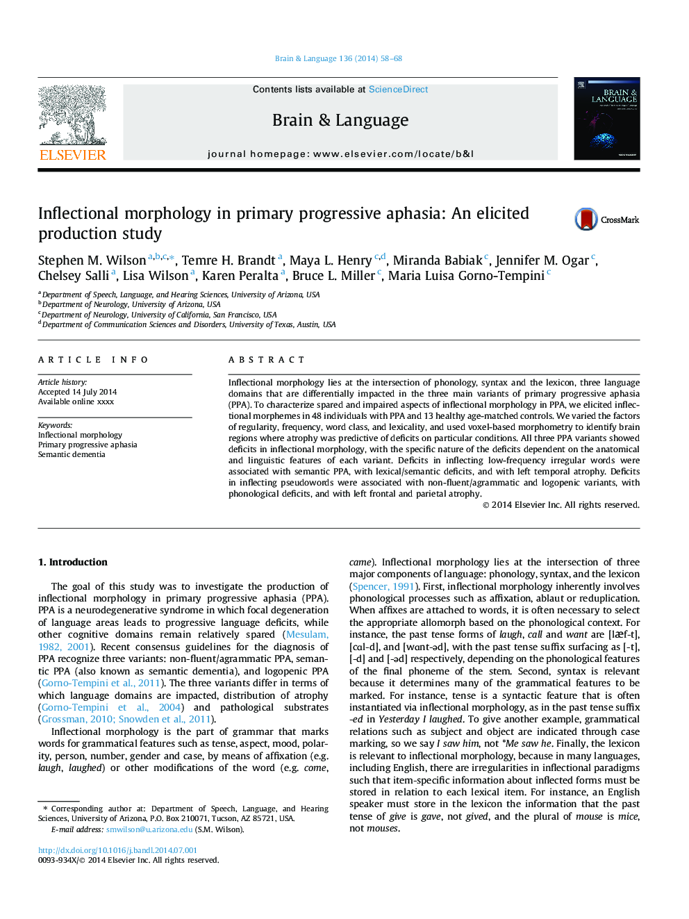 Inflectional morphology in primary progressive aphasia: An elicited production study