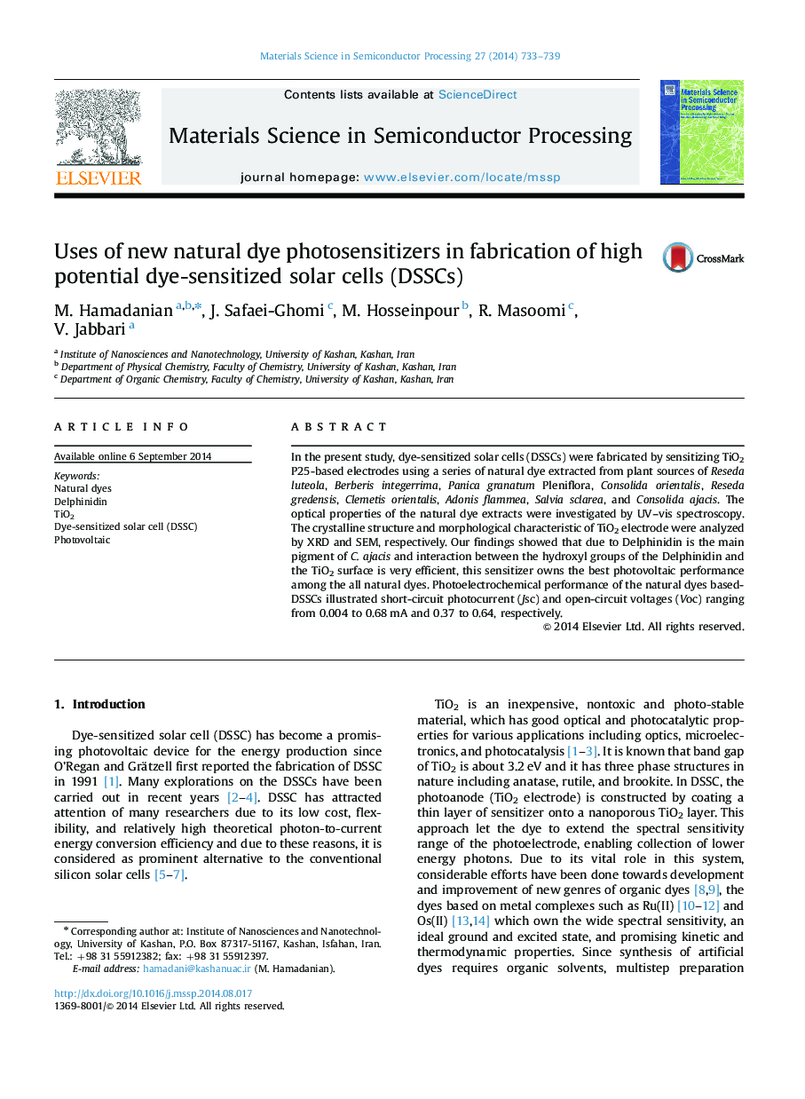 Uses of new natural dye photosensitizers in fabrication of high potential dye-sensitized solar cells (DSSCs)